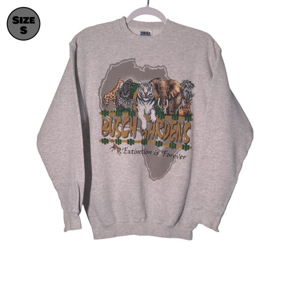 VINTAGE Busch Gardens: Extinction Is Forever USED Sweatshirt (STAINING, S, Gray) - Picture 1 of 9